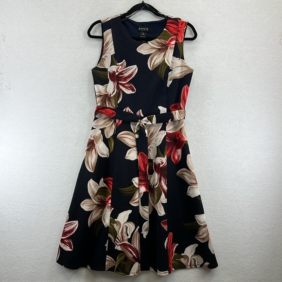 Enfocus Studio Women’s Fit/Flare Dress Sz 6 Black/Tan/Red Polyester/Spandex - Picture 1 of 10